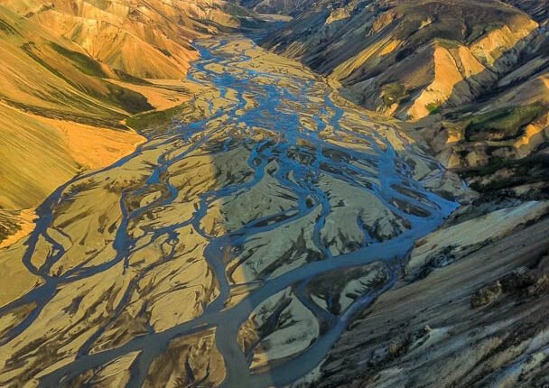 drone shots of braided river in Iceland, landmannalaugar in summer